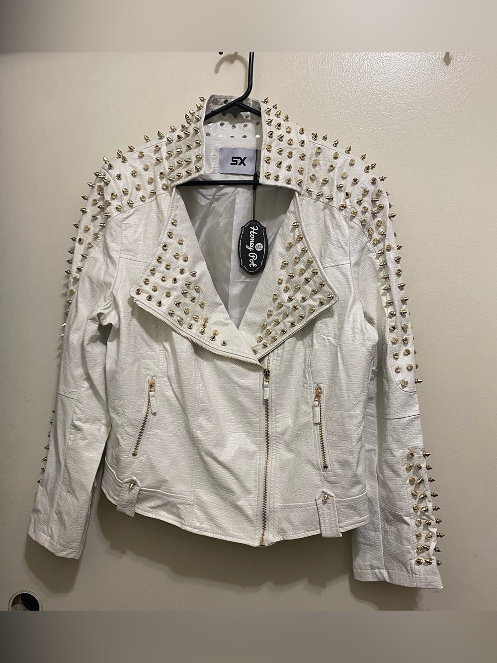 SX Honey Pot Womens XL Faux White Leather Gold Studded Motorcycle Jacket NWT New